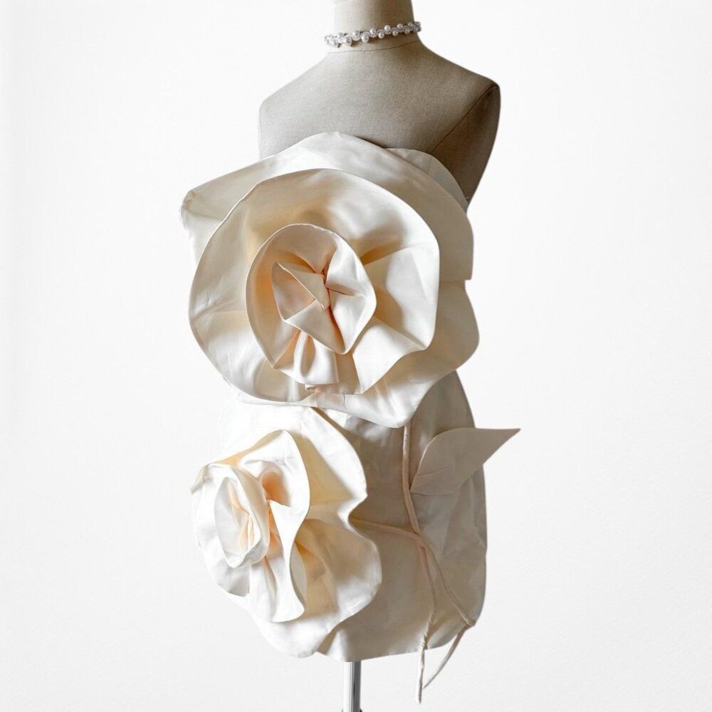 Off White Cream Strapless Floral Applique Bodycon Mini Cocktail Dress Size S/M - Picture 6 of 9